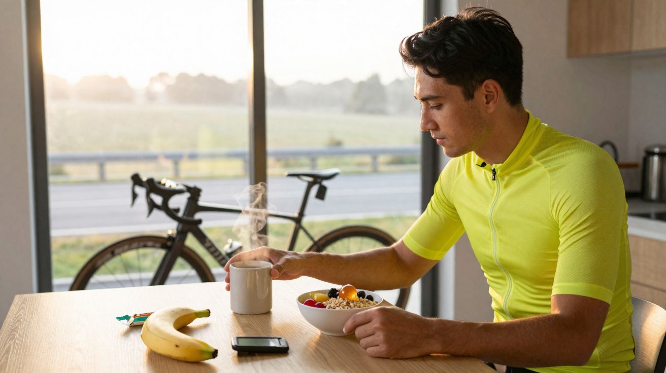Hombre con ropa deportiva desayunando fruta y cereal en una mesa junto a una bicicleta junto a una ventana.