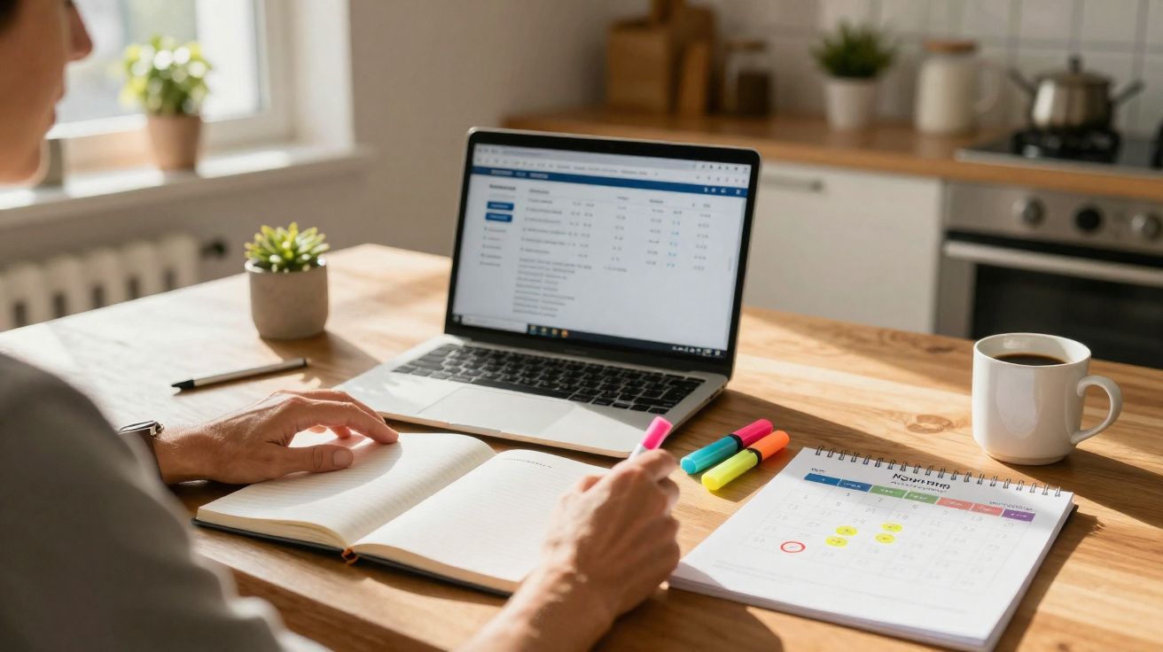 Persona trabajando en un portátil con cuaderno, rotuladores de colores y calendario en mesa de madera en casa.