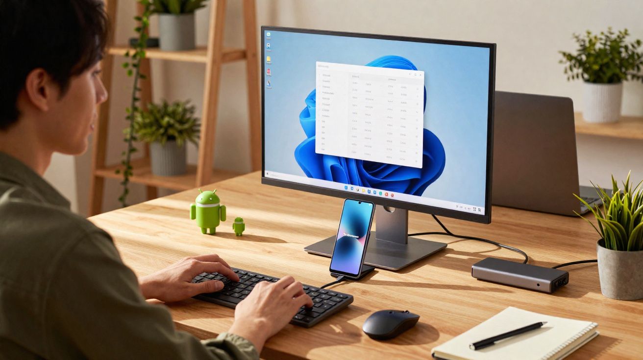Persona usando ordenadro con pantalla externa y smartphone en escritorio de madera con plantas y cuaderno.