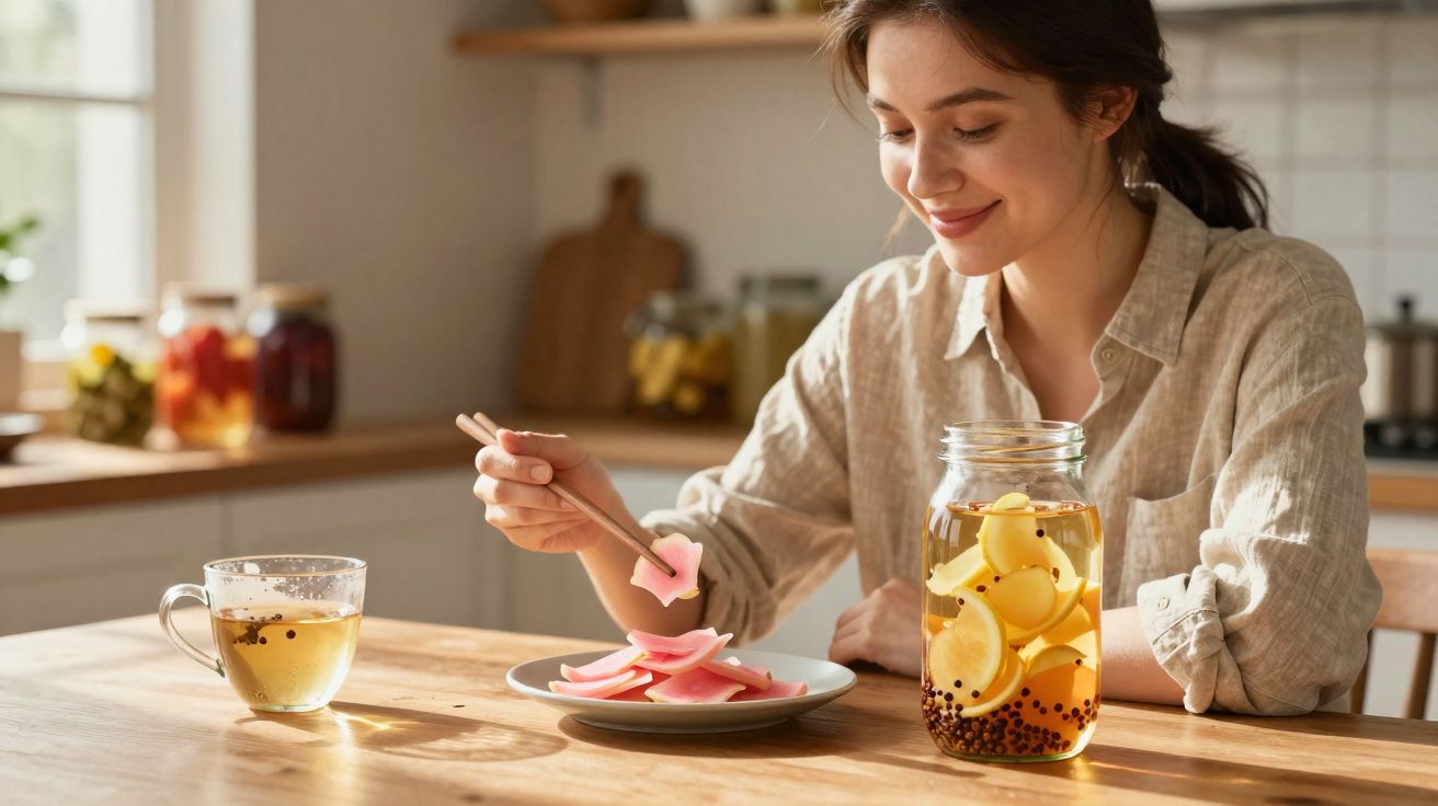 Mujer sonriente comiendo encurtidos con palillos en una cocina luminosa y moderna.