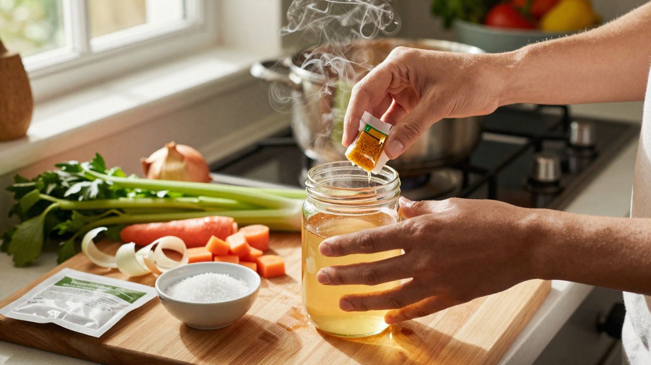 Manos añadiendo especias a un caldo casero en frasco, con verduras picadas sobre tabla de cocina.
