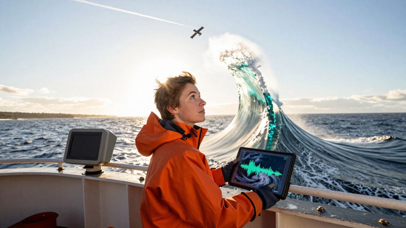 Persona con chaqueta naranja sostiene una tableta en barco mientras una ola grande se eleva y un avión vuela al fondo.