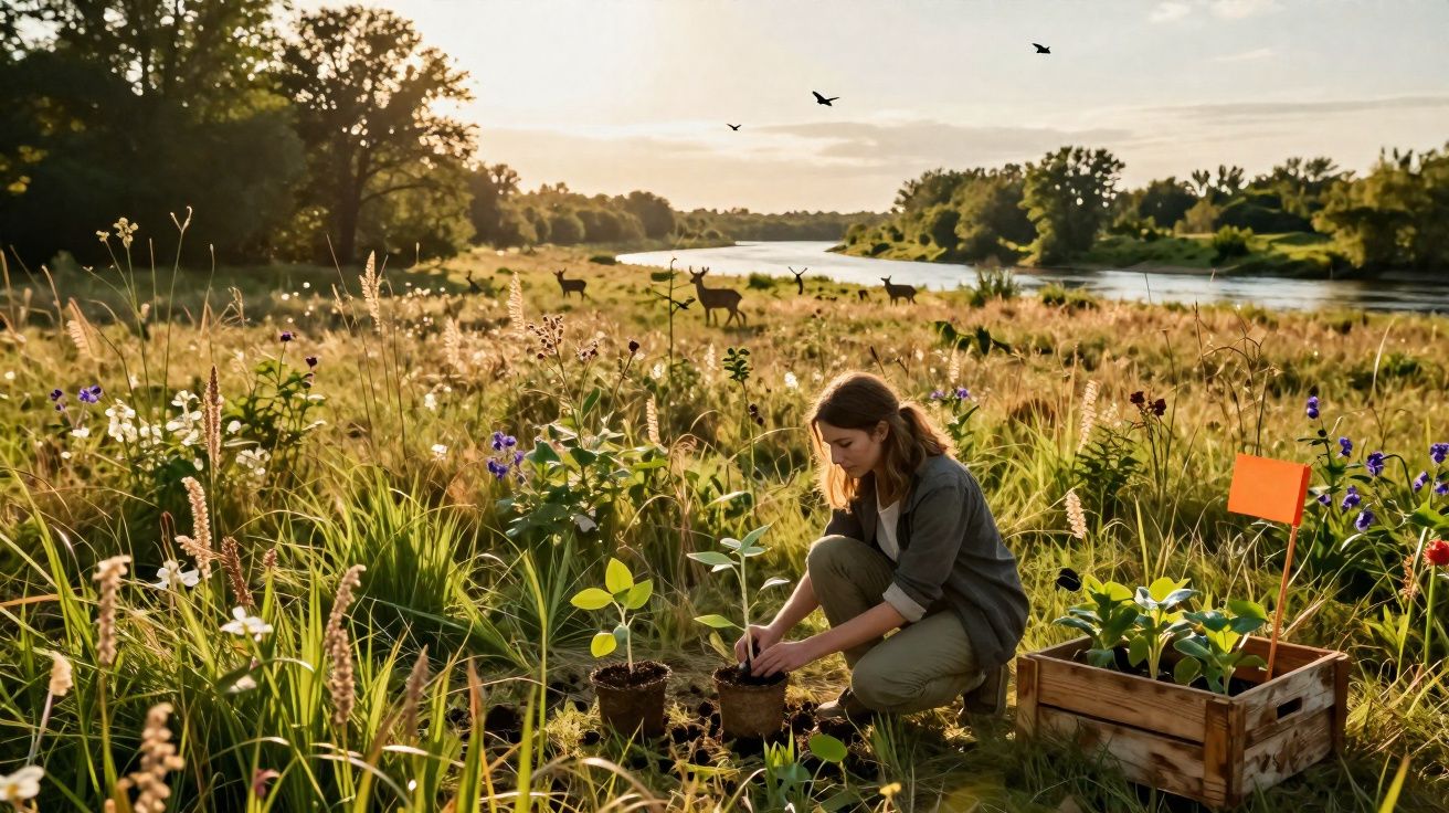 Mujer plantando árboles jóvenes junto a un río en un campo al atardecer con ciervos y aves de fondo.