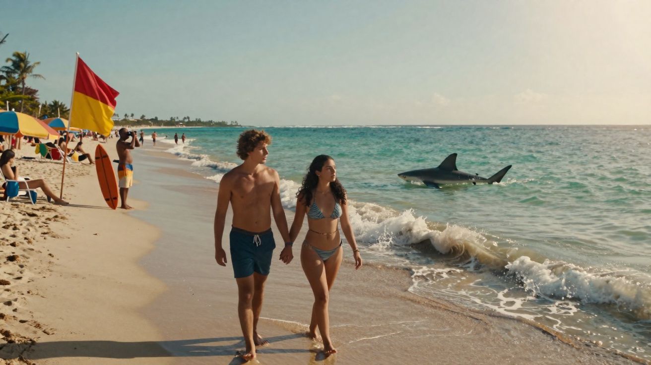 Pareja caminando por la playa con un tiburón nadando cerca de la orilla en un día soleado.