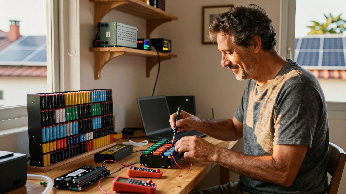 Hombre trabajando con componentes electrónicos y herramientas en un banco de trabajo en una habitación iluminada.