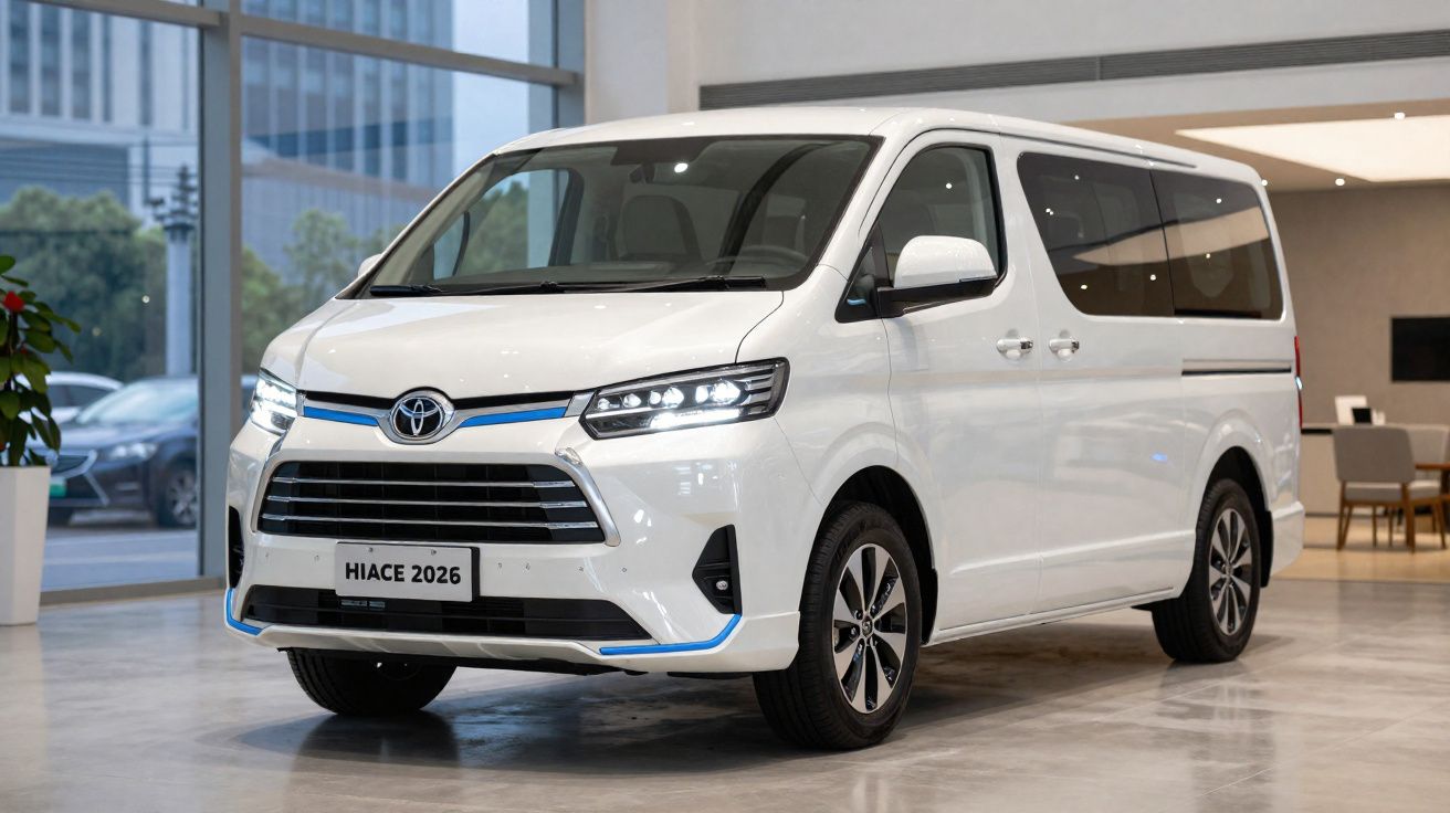 Furgoneta Toyota Hiace 2026 blanca en exhibición dentro de concesionario moderno con ventanas grandes.