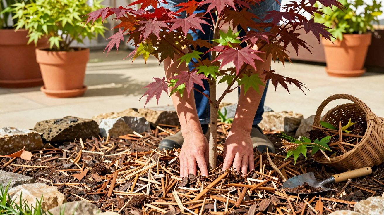 Manos cuidando las raíces de un árbol joven con hojas rojas en un jardín con piedras y macetas.