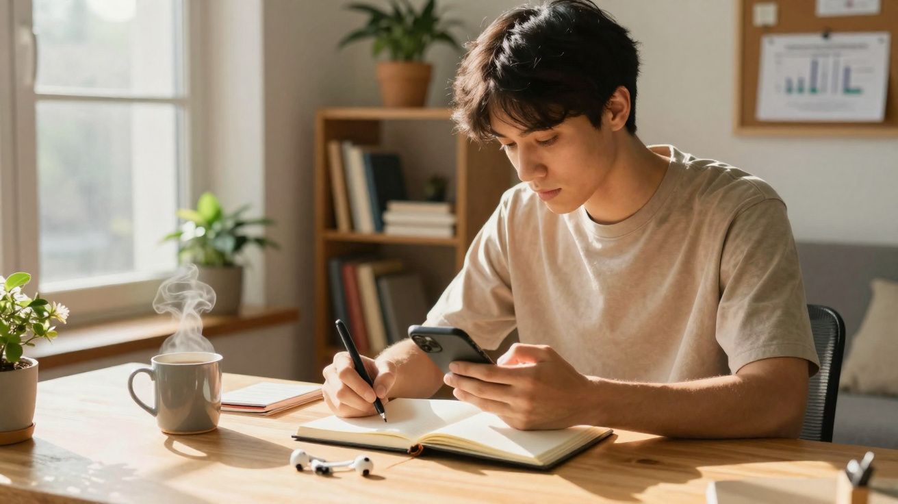 Joven tomando notas en un cuaderno mientras consulta el móvil, con taza de café humeante y plantas cerca.