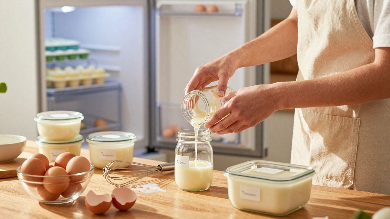 Persona vertiendo yogur casero en un tarro de cristal en una cocina con ingredientes frescos sobre la mesa.