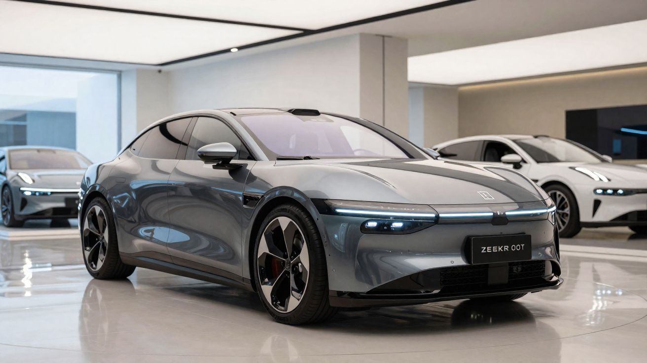 Coche eléctrico gris oscuro Zeekr 001 en un showroom moderno con otros vehículos al fondo.