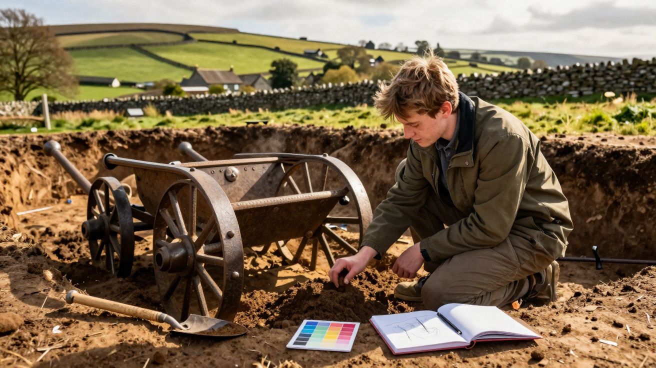 Persona joven arqueóloga excavando junto a un antiguo carro de madera en un campo rural con cuaderno y paleta de colores.