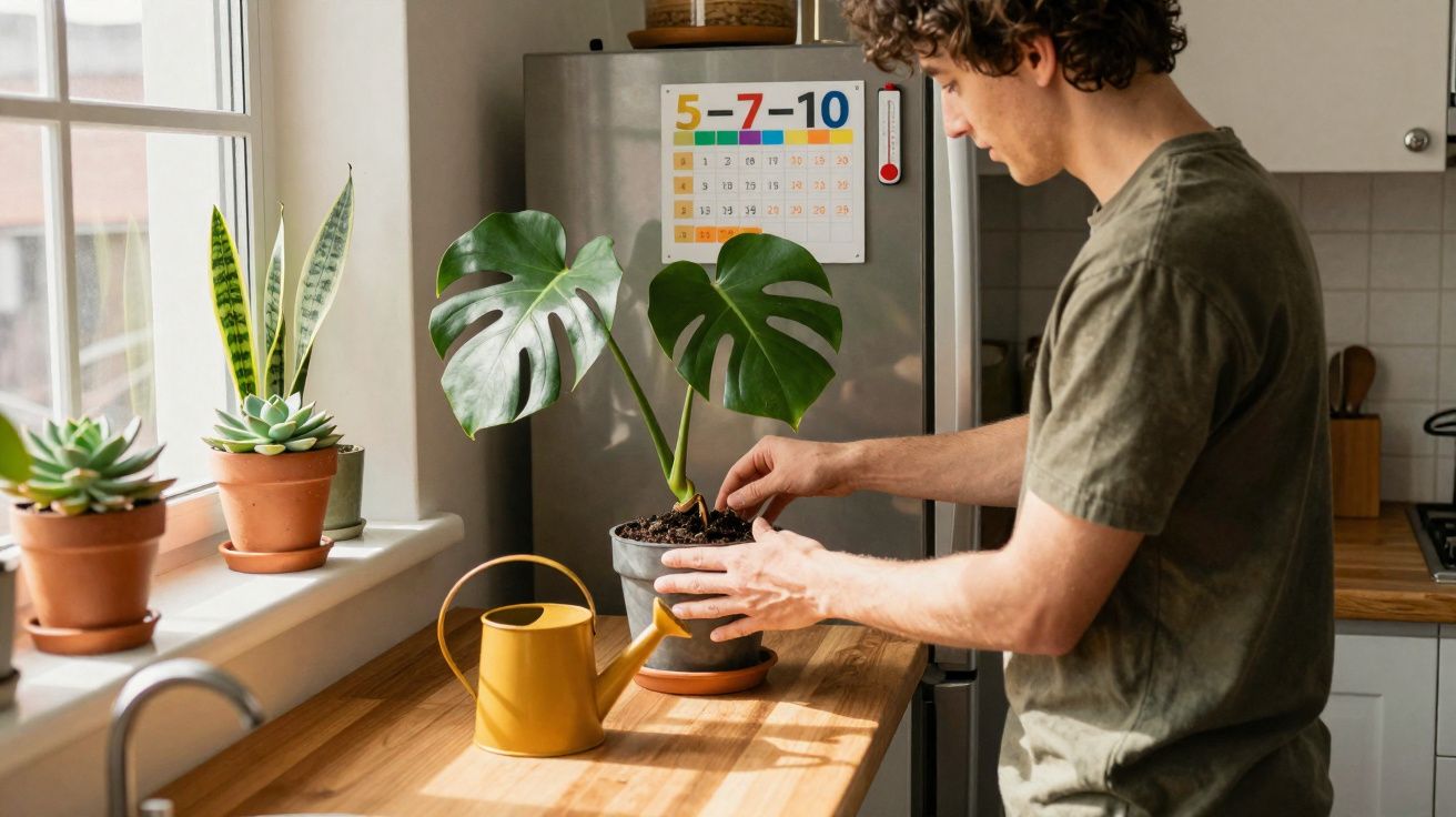 Hombre cuidando planta de interior en maceta junto a ventana soleada y regadera amarilla en cocina.