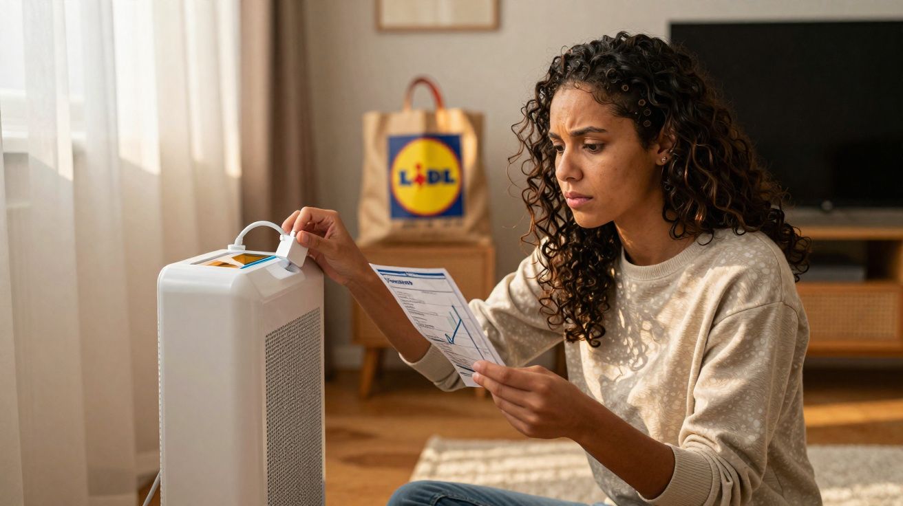 Mujer concentrada conectando un dispositivo blanco mientras sostiene un papel, en sala con bolsa de Lidl al fondo.