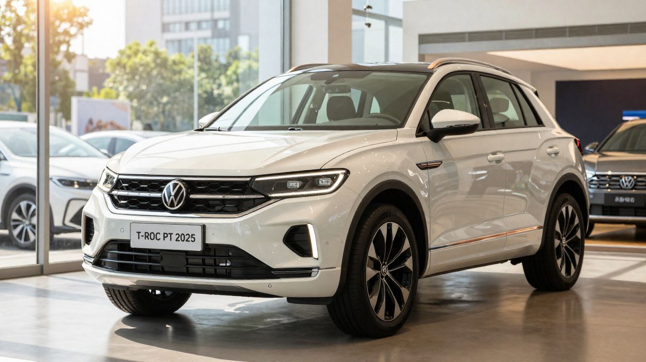 Coche SUV Volkswagen T-Roc PT 2025 blanco en exhibición dentro de un concesionario moderno.