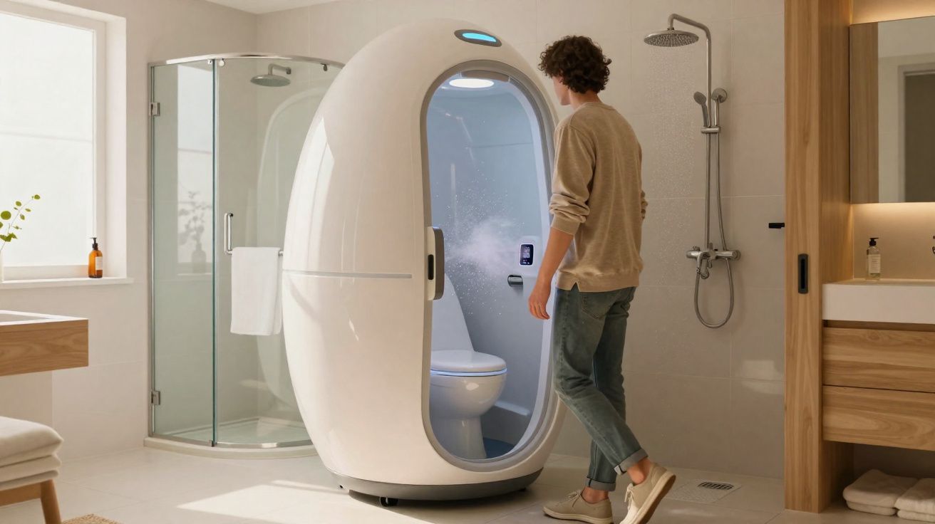 Hombre delante de un retrete inteligente dentro de una cabina futurista en un baño moderno y luminoso.