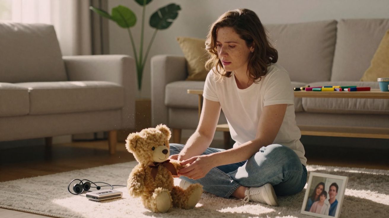 Mujer sentada en el suelo de salón colocando lazo a osito de peluche junto a foto familiar y reproductor de música.