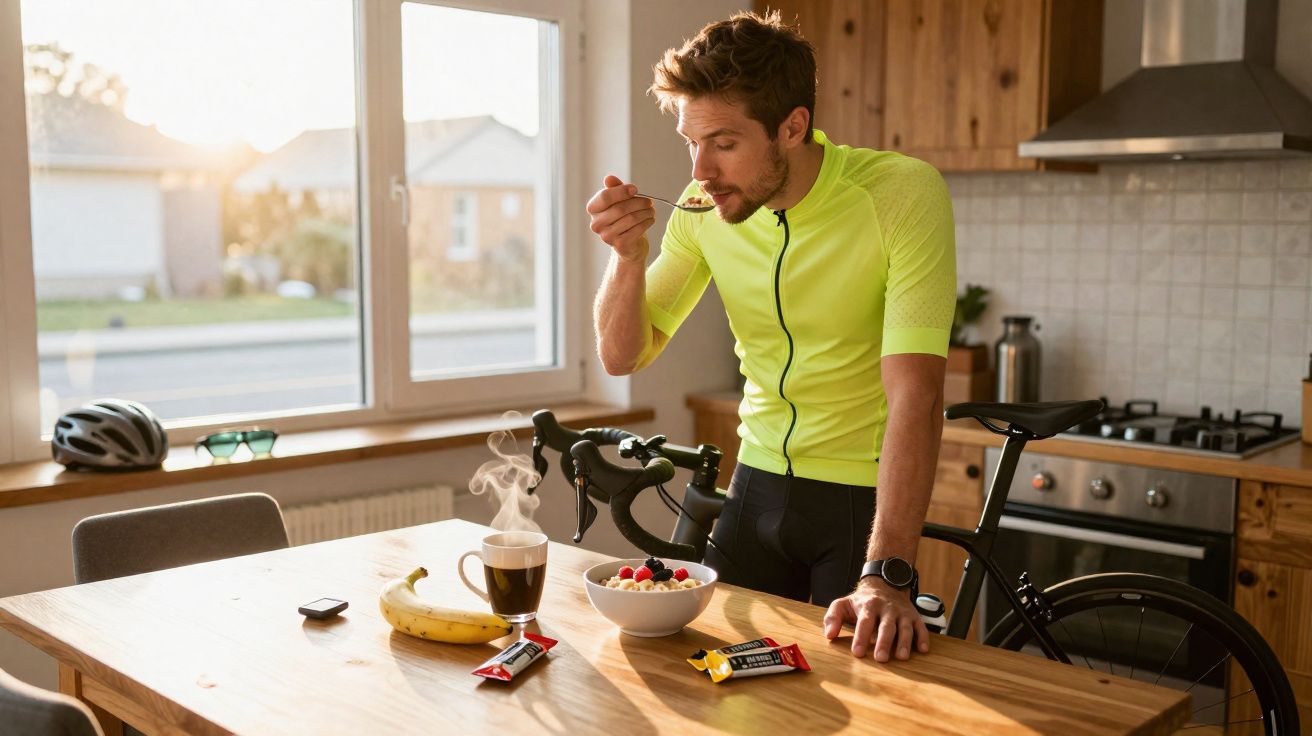 Hombre con ropa de ciclismo desayunando cereales con fruta junto a su bicicleta en una cocina.