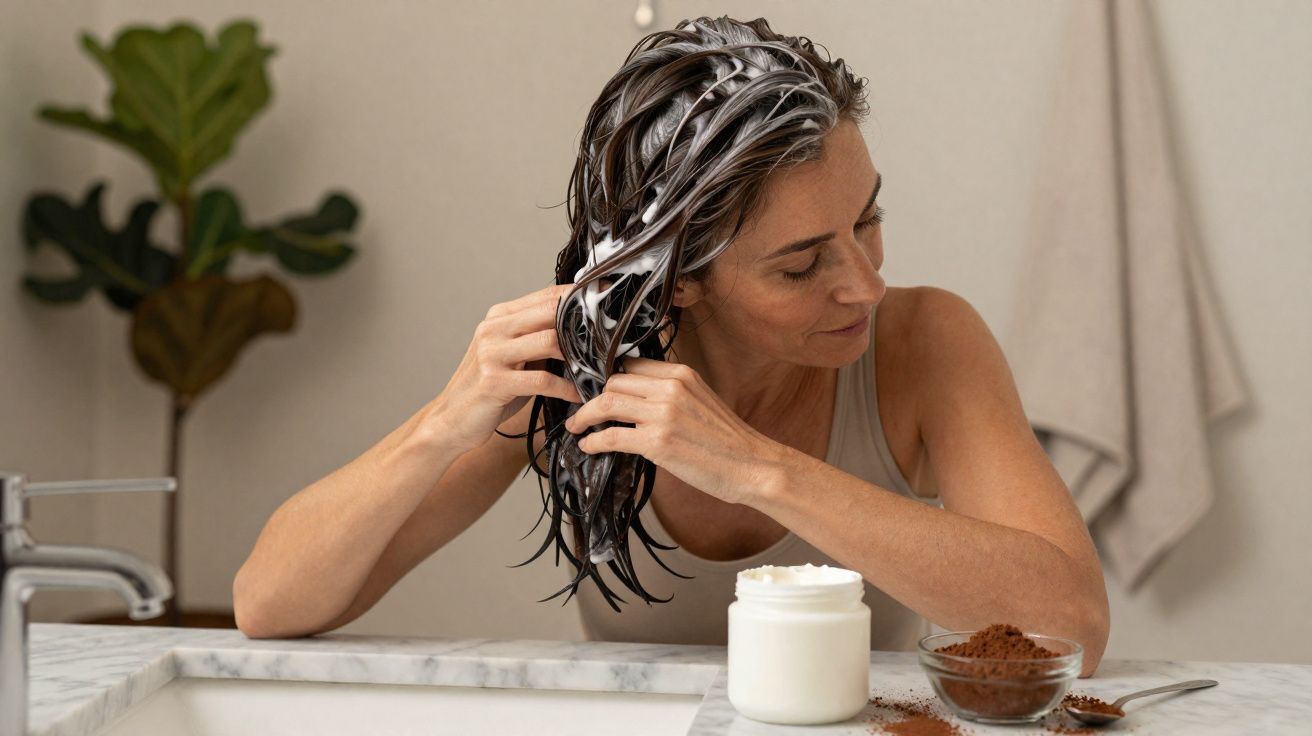 Mujer aplicándose mascarilla capilar en el cabello en un baño moderno con planta y toalla de fondo.