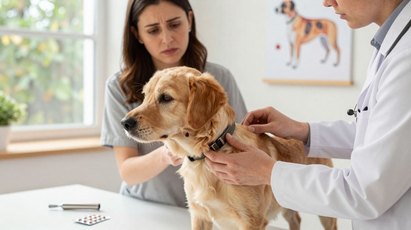 Veterinario revisando un perro golden retriever mientras su dueña observa preocupada en clínica.