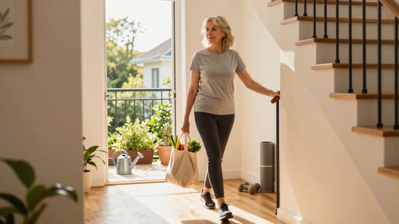 Mujer mayor caminando dentro de casa con bolsa de compra y planta, luz natural y escalera al fondo.