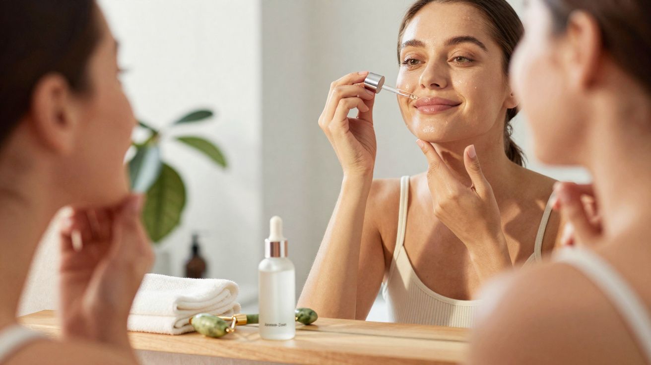 Mujer aplicando sérum facial frente al espejo en un baño luminoso con toallas y rodillos de jade sobre la encimera.