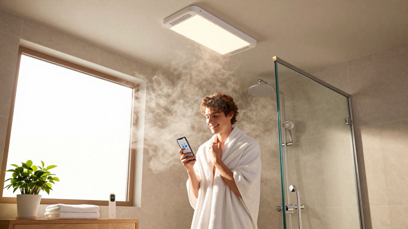 Hombre con bata blanca y móvil en mano en baño con vapor, luz de techo y planta junto a ventana.