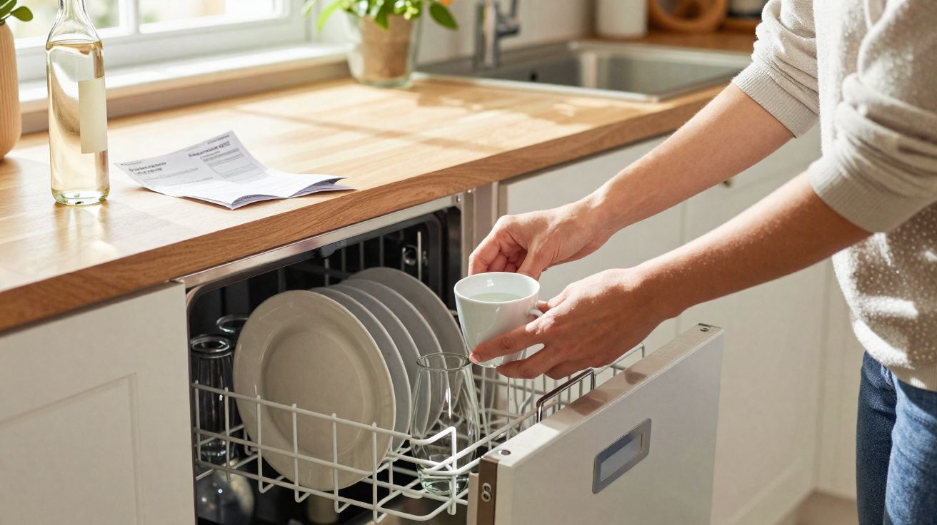 Persona colocando una taza blanca en un lavavajillas abierto bajo una encimera de madera en una cocina moderna.