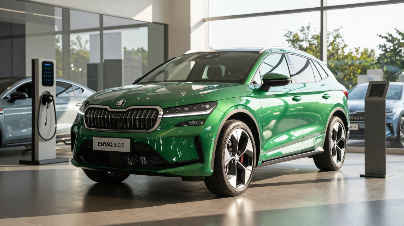 Coche eléctrico SUV verde Škoda Enyaq 2025 en exposición con estación de carga en un concesionario moderno.