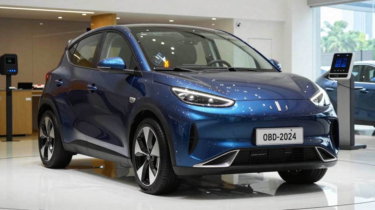 Coche eléctrico azul moderno con matrícula OBD-2024 en exposición interior luminosa.