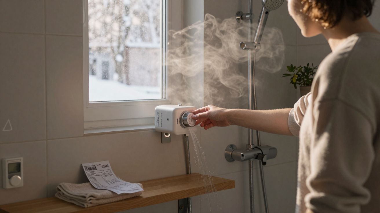 Persona ajustando un humidificador de vapor caliente junto a una ventana en un baño moderno.