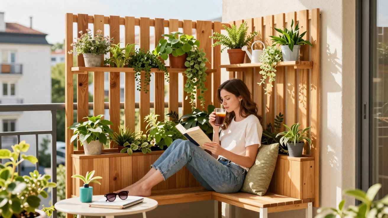 Mujer leyendo y bebiendo café en balcón con plantas y madera al sol de la mañana.
