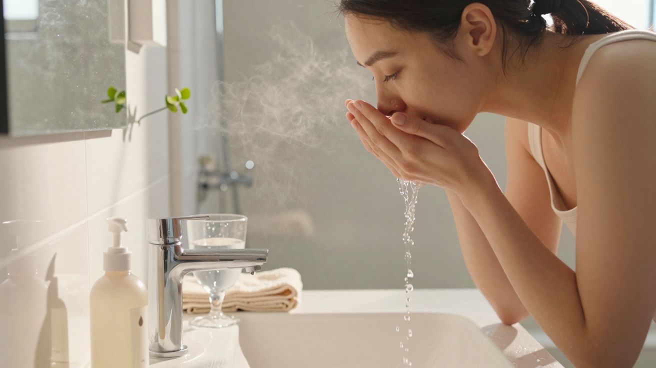 Mujer lavándose la cara con agua en un lavabo iluminado por luz natural en un baño moderno.