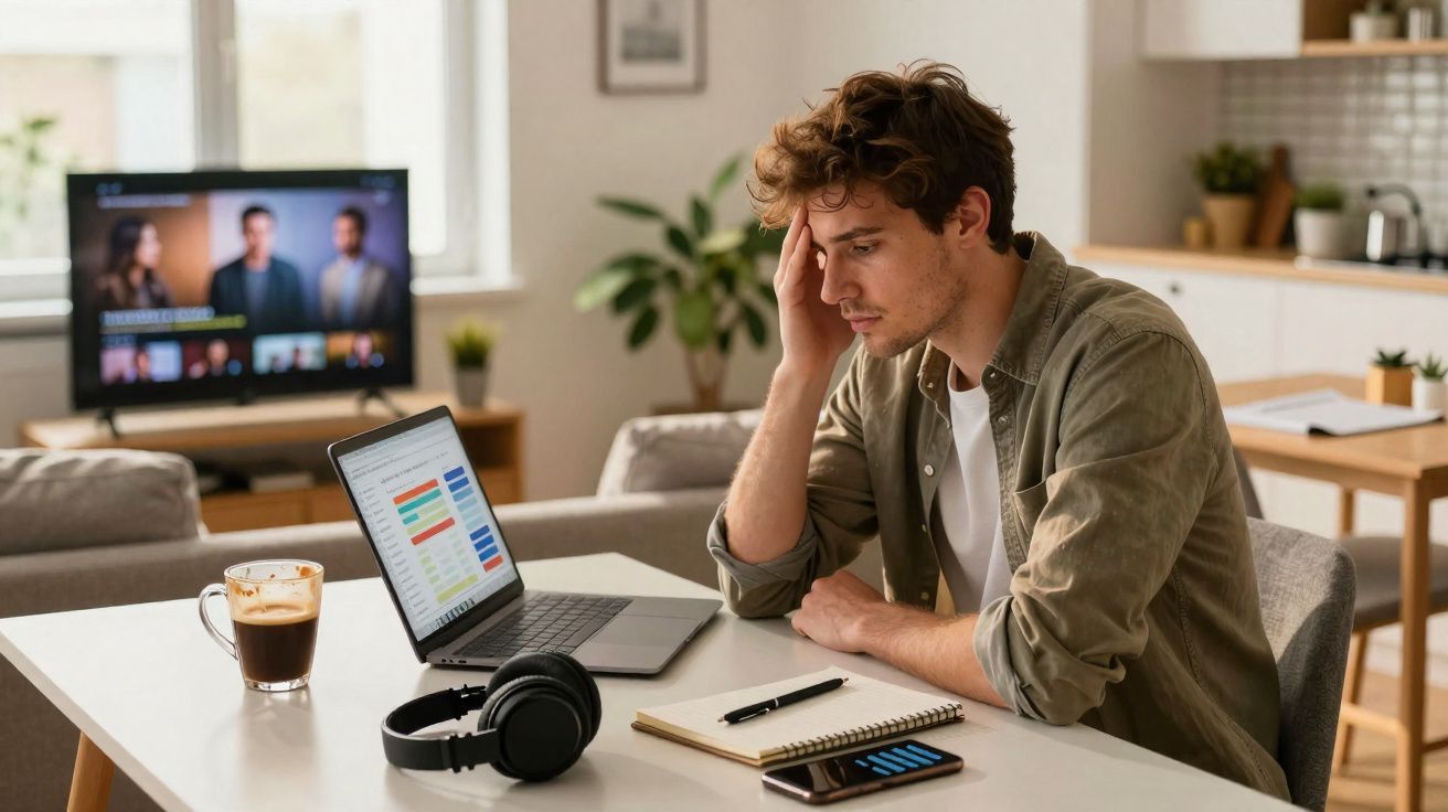 Hombre joven pensativo trabajando en portátil en una mesa con auriculares, café y smartphone en sala de estar moderna.