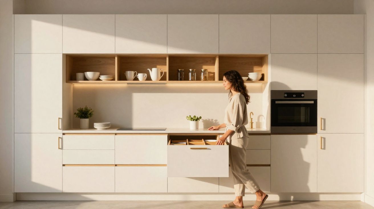 Mujer abriendo cajón en cocina moderna blanca con estantes y horno empotrado bajo luz natural.