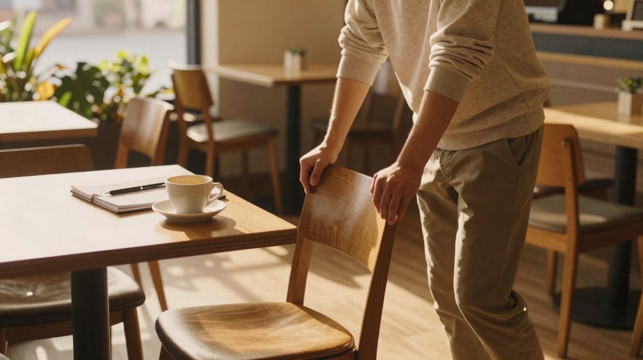 Persona ajustando una silla de madera en una cafetería con taza de café y cuaderno sobre la mesa.