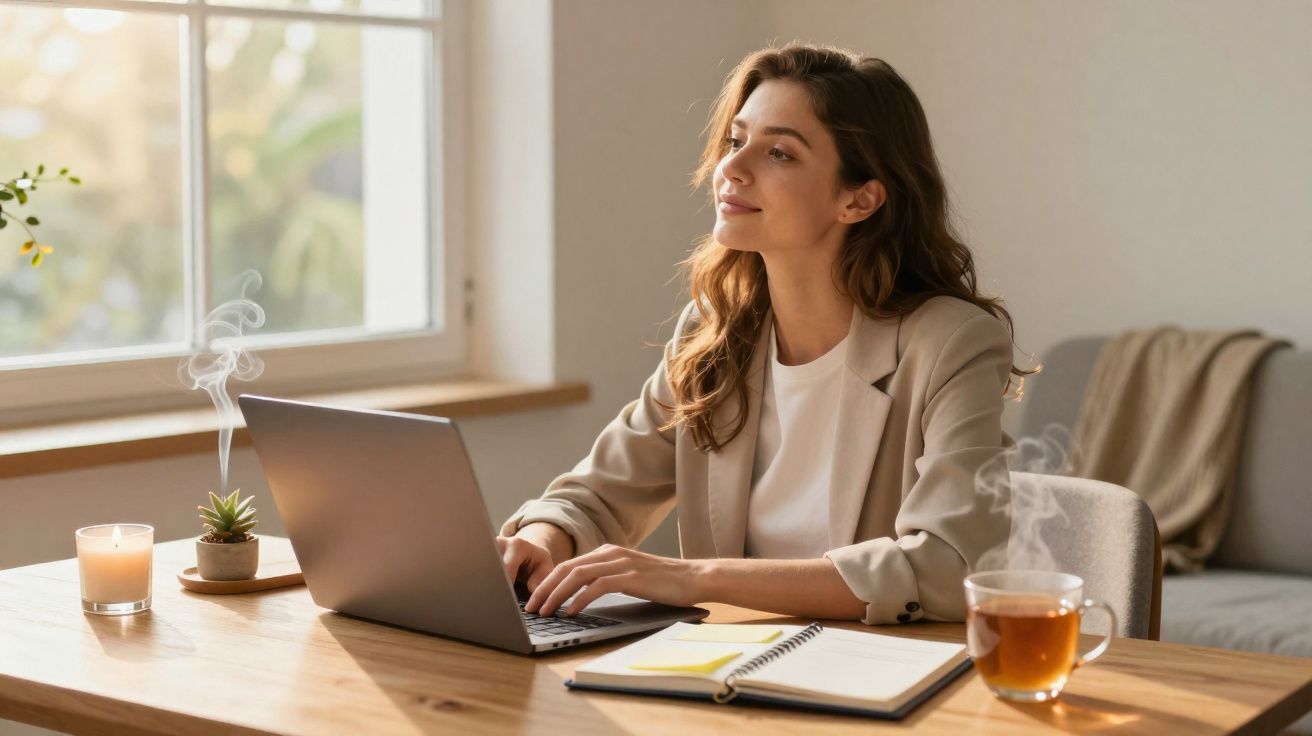 Mujer sonriente trabajando en portátil junto a una taza de té y libreta en mesa de madera cerca de ventana.