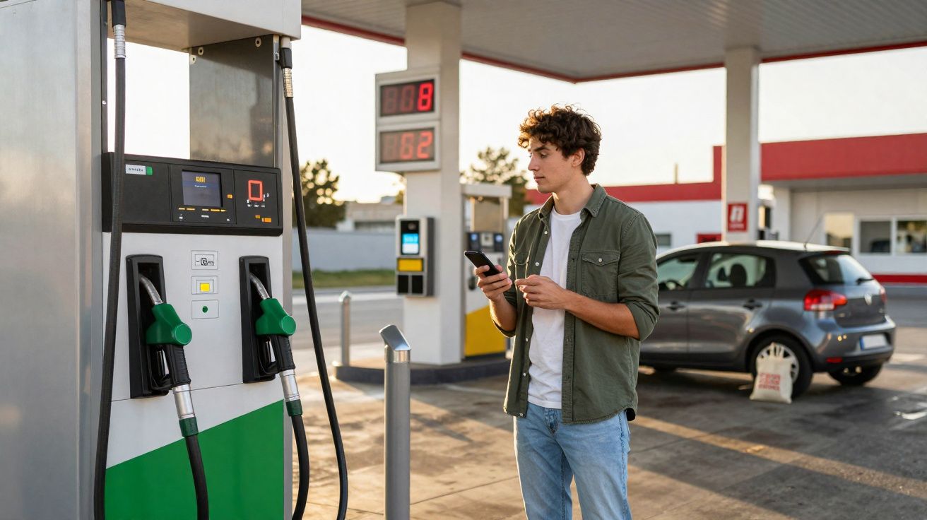 Joven en gasolinera con coche gris al fondo, usando un móvil junto a una bomba de gasolina.