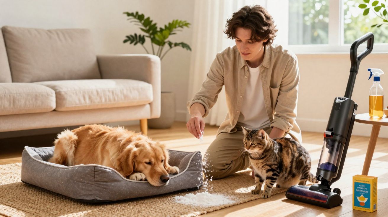 Persona alimentando a un gato junto a un perro dormido en su cama y una aspiradora en sala iluminada.