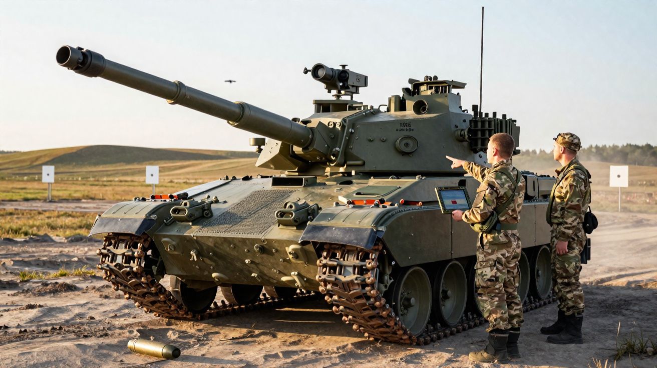 Tanque militar verde con dos soldados con uniforme camuflado al lado, uno señalando y otro con portátil.