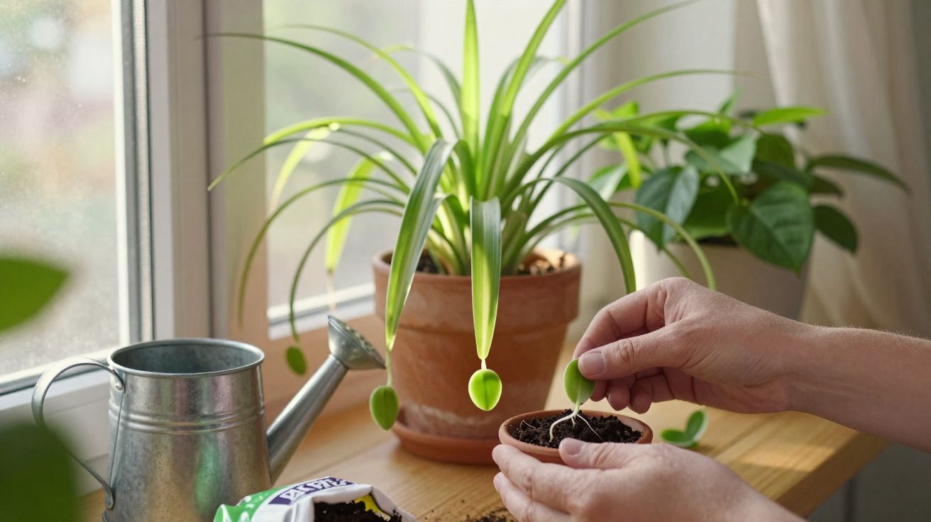 Manos plantando una hoja con raíz en una maceta pequeña junto a plantas y regadera en ventana.