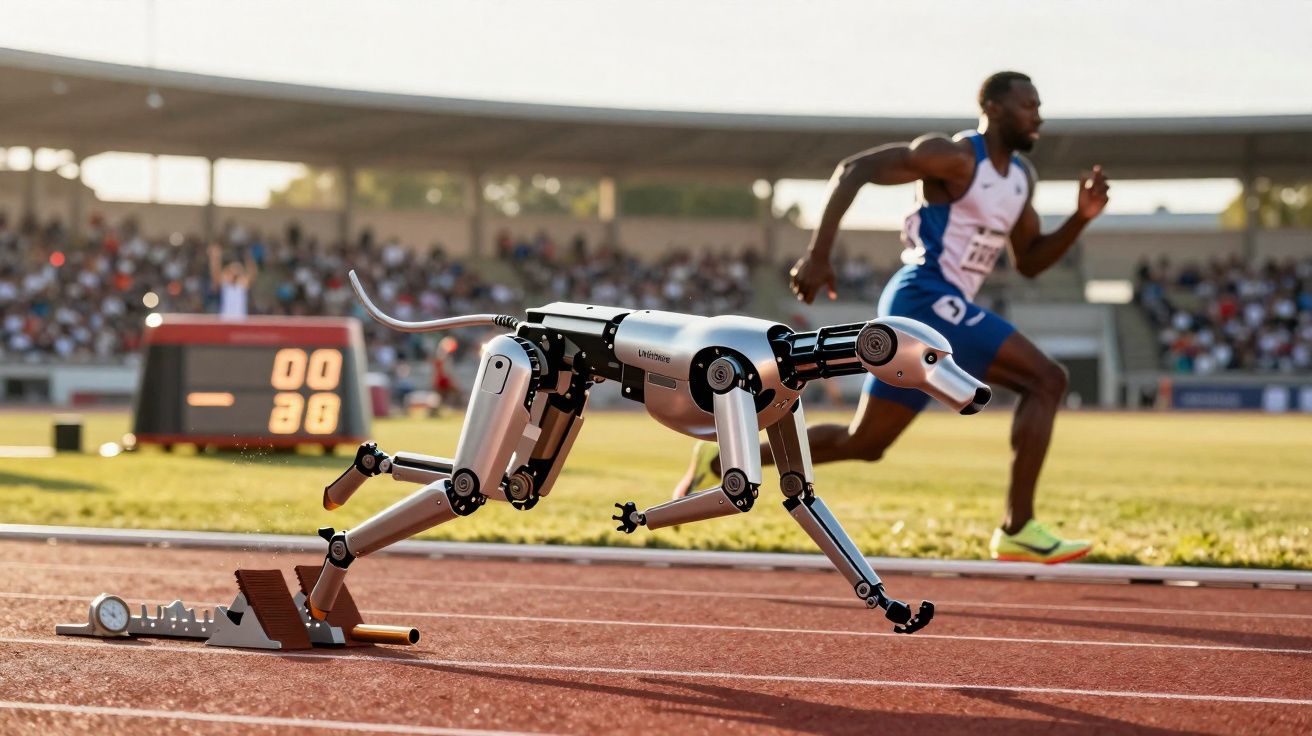 Perro robot saliendo de los bloques de salida en una pista de atletismo, con un atleta corriendo al fondo.