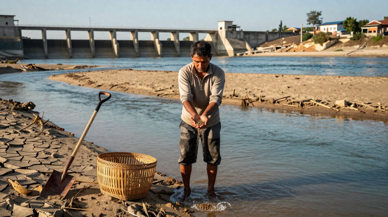 Hombre sostiene tierra mojada junto a río con represa al fondo y cesta y pala en la orilla.
