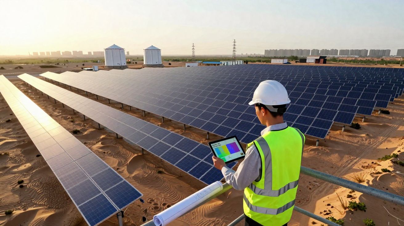 Técnico con casco y chaleco amarillo revisa una tableta frente a paneles solares en un campo desértico al atardecer.