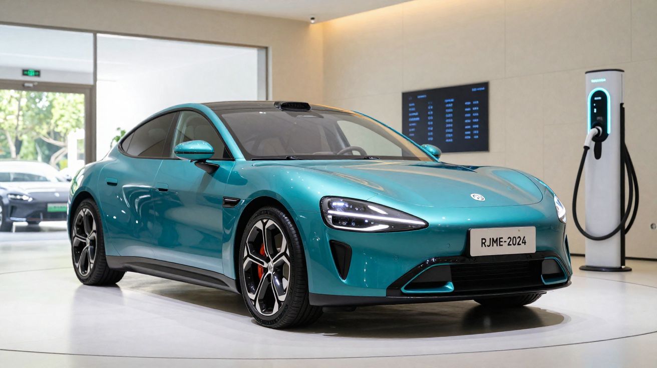 Coche eléctrico deportivo azul en showroom junto a estación de carga eléctrica moderna.