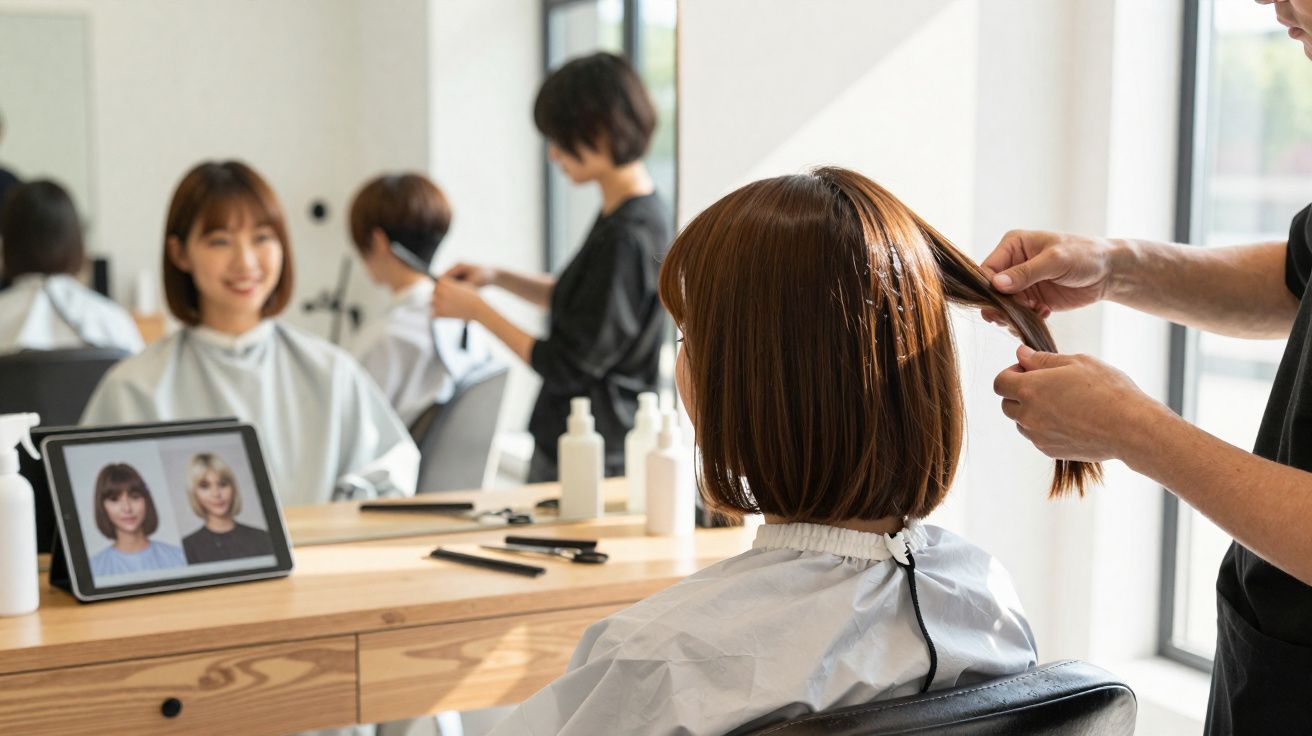Cliente con corte bob en la peluquería mientras el estilista le recoge un mechón de su cabello.
