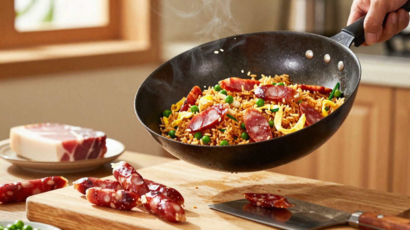 Sartén con arroz, guisantes y rodajas de chorizo salteándose sobre una tabla de cortar en cocina.