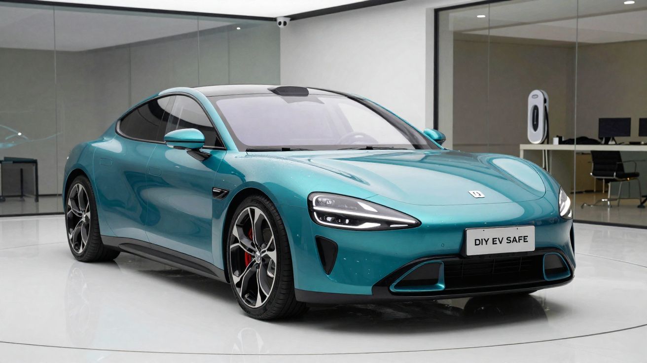 Coche deportivo eléctrico de color azul turquesa en un showroom moderno con cargador de vehículo eléctrico al fondo.