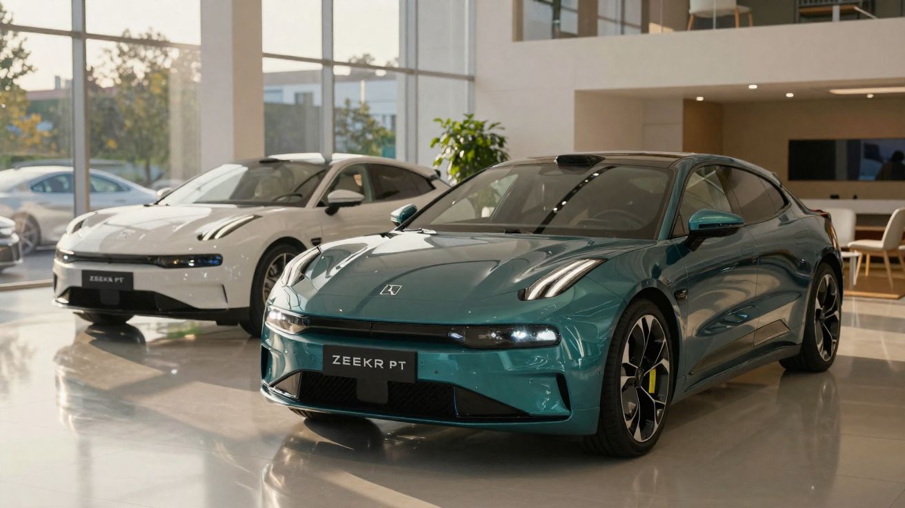 Dos coches eléctricos modernos Zeekr PT, uno verde y otro blanco, exhibidos en un showroom luminoso.