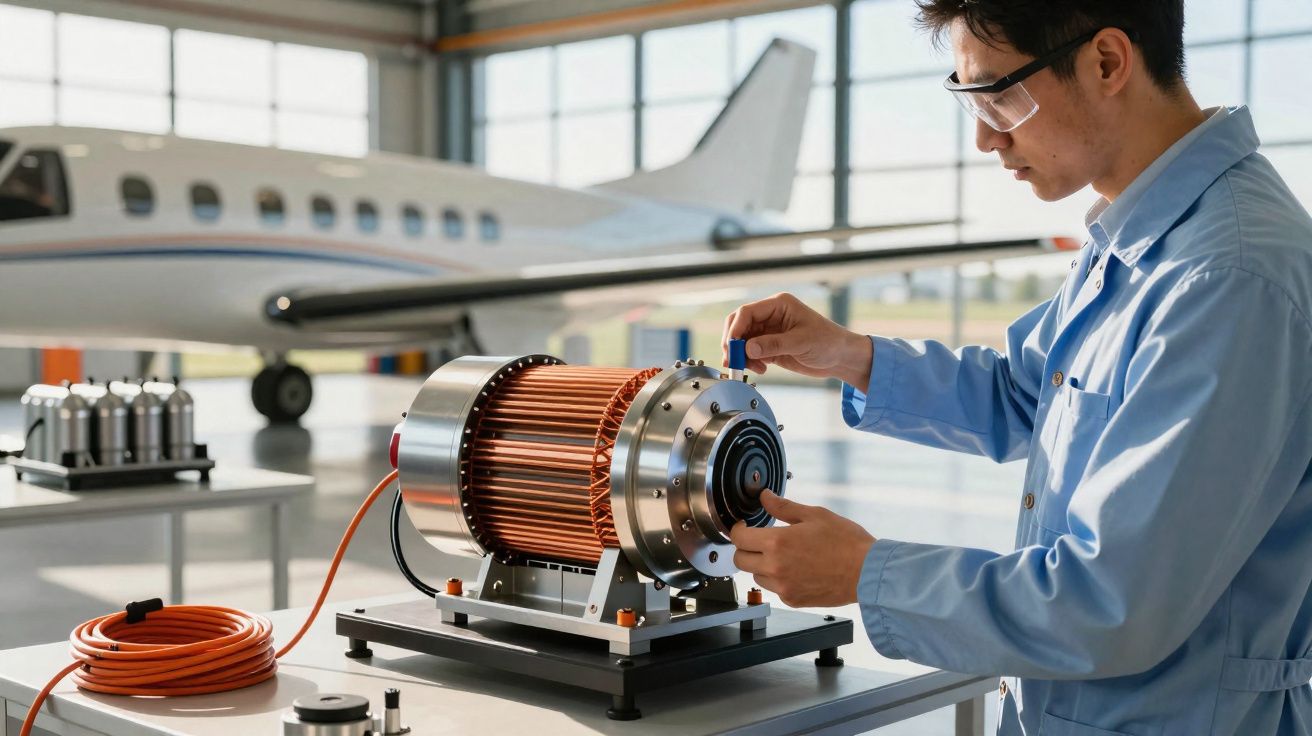 Técnico con gafas de seguridad ajustando un motor eléctrico en un hangar con avión al fondo.