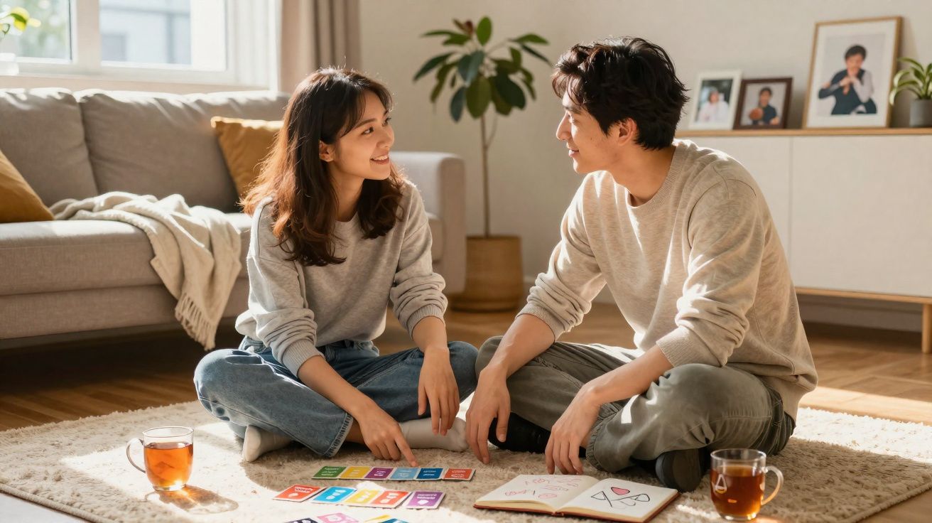 Pareja joven sentada en el suelo jugando a un juego de cartas en la sala de estar, sonrientes y relajados.